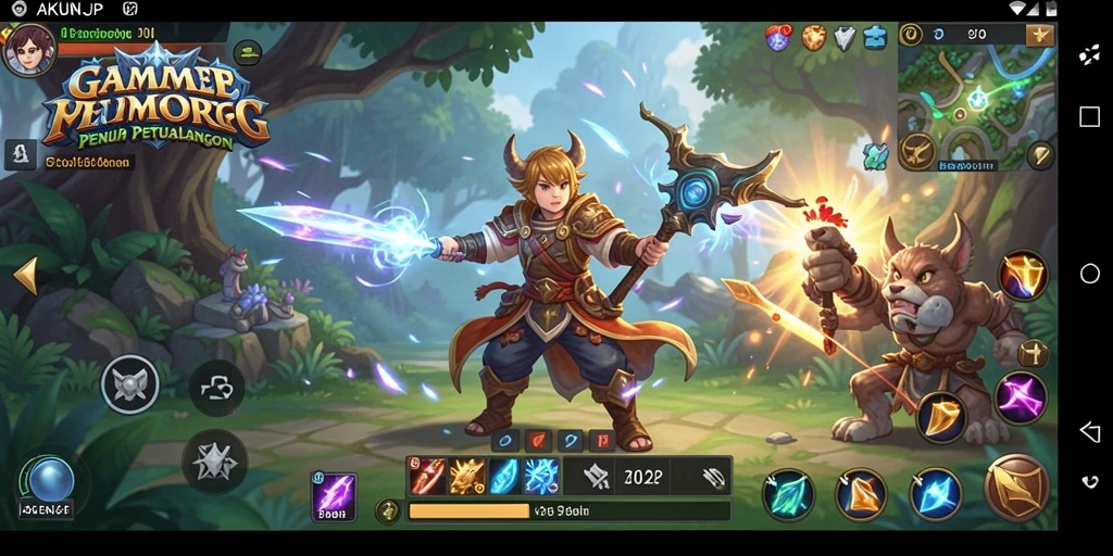 Tampilan dinamis gameplay AKUNJP dalam petualangan MMORPG.