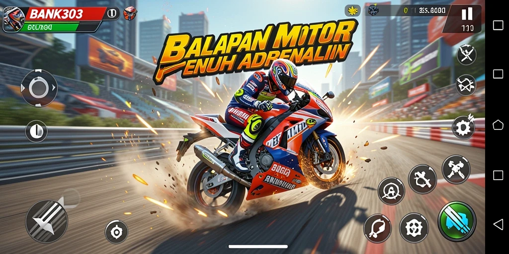 Tangkapan layar menunjukkan aksi balapan motor yang mendebarkan di BANK303.