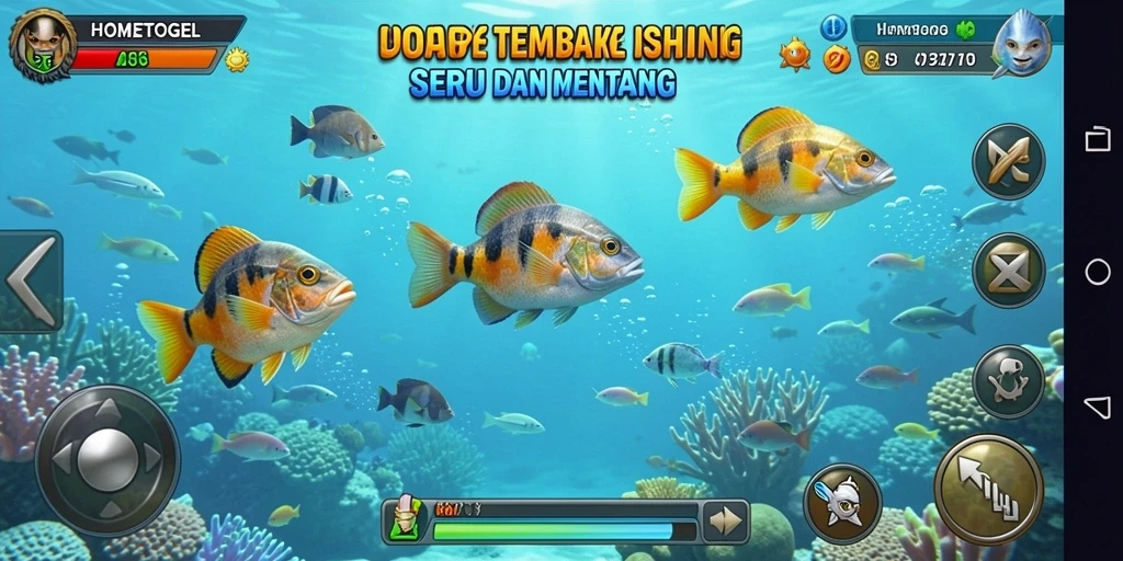 Screenshot utama HOMETOGEL menampilkan aksi seru menembak ikan.