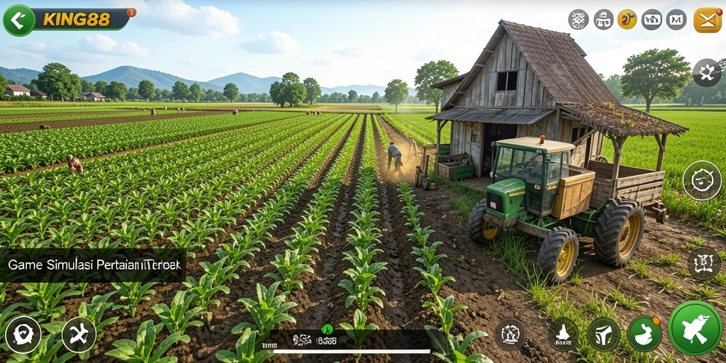 Tampilan gameplay KING88 dengan aktivitas bertani yang seru.