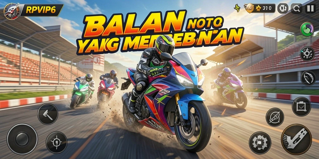 Screenshot gameplay RPVIP6 menampilkan aksi balapan motor yang mendebarkan.