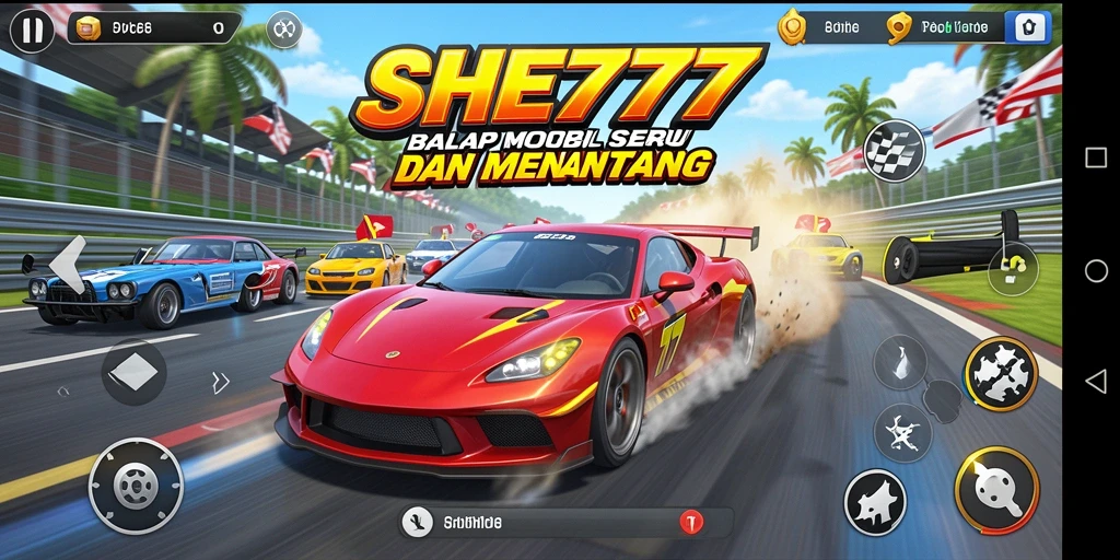 Tampilan gameplay seru balap mobil di SHE777.